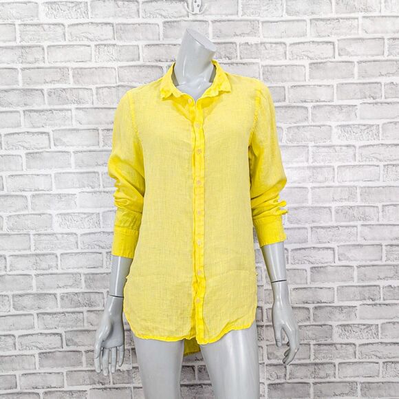 CP SHADES Women's 100% Linen Button up Blouse in yellow hi low long sleeve sz S - Picture 1 of 11